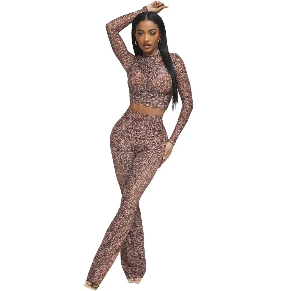 NWT Mistress Rocks Los Angeles Size Large Say When Animal Print Flare Mesh Pants - Picture 2 of 14